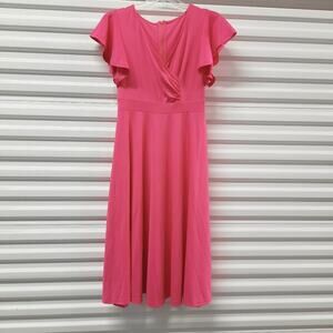 Women's Dress Size Medium Pink Short Sleeve V-Neck A-Line Midi Career Office